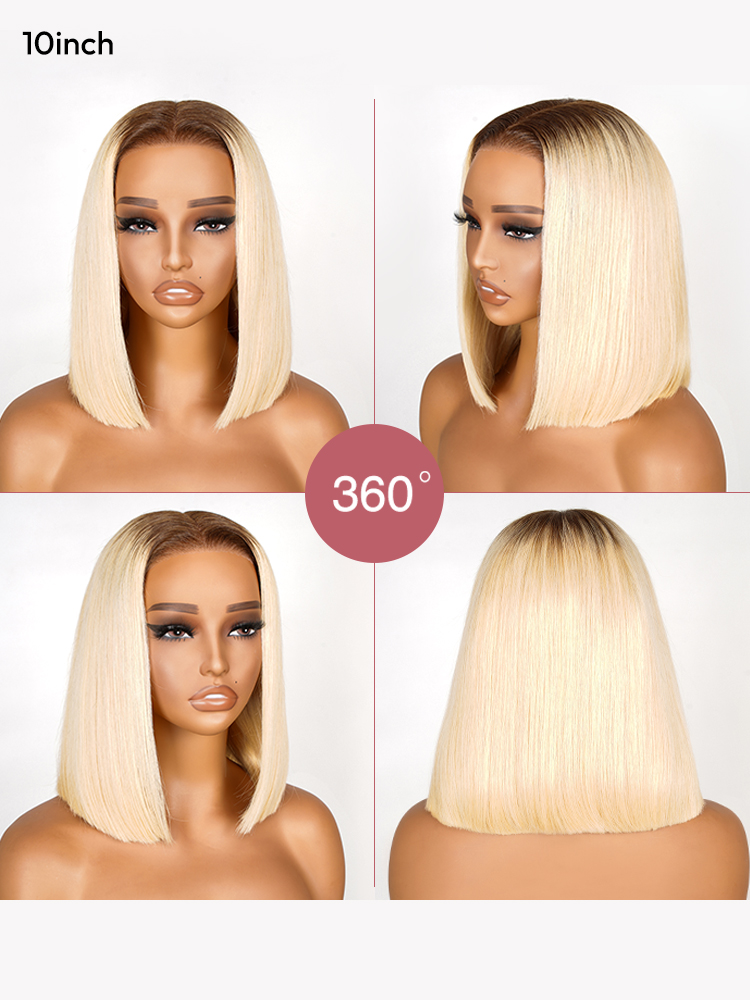 Blonde Bob Lace Front Wig With Brown Roots