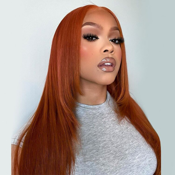 Straight Burnt Orange Wig Layered Human Hair Middle Part 5x5 Lace Wigs Layer Cut