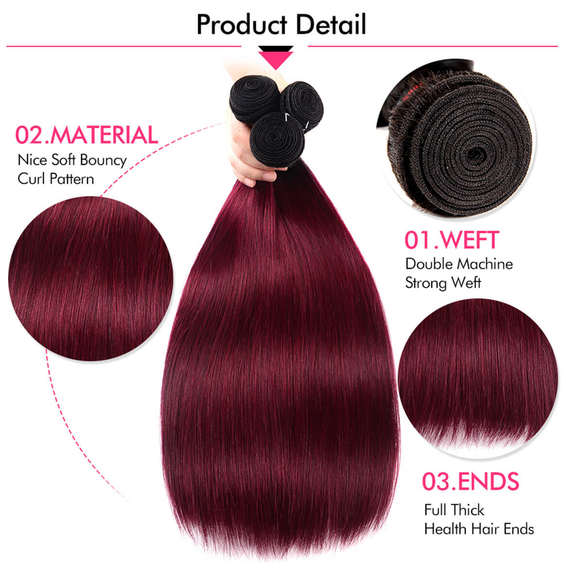 Burgundy Ombre Straight Hair Weaves 3 Bundles